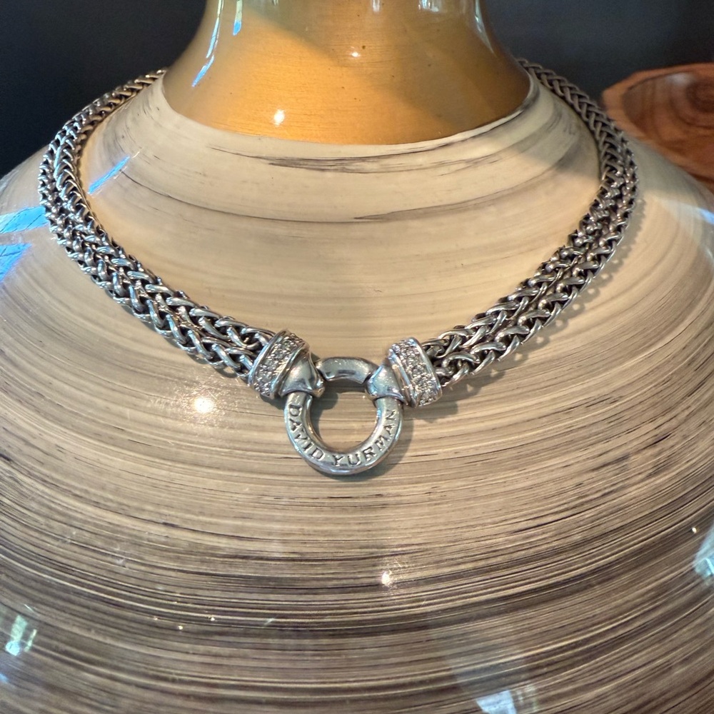 David Yurman Double Wheat Diamond & Silver Necklace